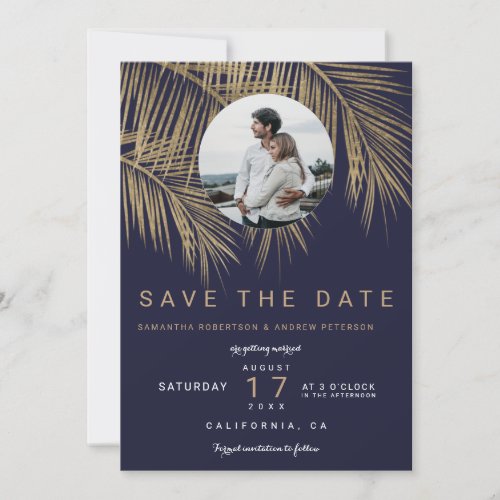 Photo gold palm tree navy blue save the date