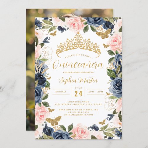 Photo Gold Pink Navy Floral Butterfly Quinceanera  Invitation