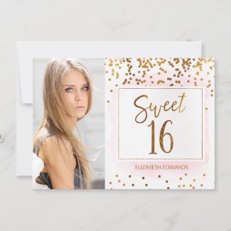 Photo Gold Pink Sweet Sixteen Birthday Invitation