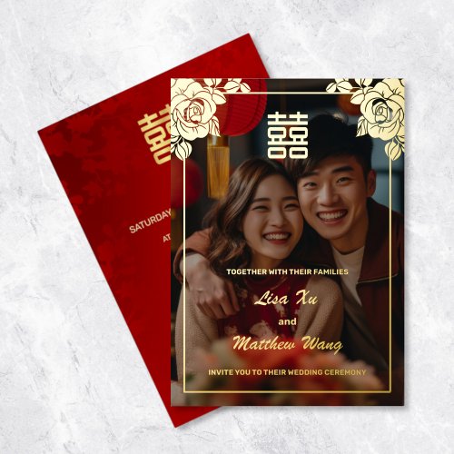 Photo Gold Roses  Chinese Wedding Foil Invitation