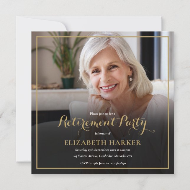Photo Gold Script Elegant Retirement Party Invitation (Front)