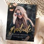 Photo Gold Script Graduation Announcement Postcard<br><div class="desc">Modern graduation announcement postcard featuring a custom vertical photo. The word "graduate" appears in gold faux foil script, with the graduate's name, school, and year of graduation below in white sans serif font. Easily replace the sample image with your own graduate's photo. A black gradient screen helps ensure the text...</div>