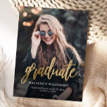 Photo Gold Script Graduation Announcement Postcard<br><div class="desc">Modern graduation announcement postcard featuring a custom vertical photo. The word "graduate" appears in gold faux foil script, with the graduate's name, school, and year of graduation below in white sans serif font. Easily replace the sample image with your own graduate's photo. A black gradient screen helps ensure the text...</div>