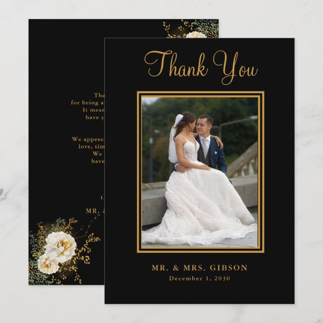 Photo Gold Script On Black Wedding Thank You Card (Front/Back)