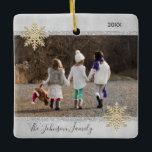 PHOTO Gold Silver Snow Keepsake Christmas Holiday Ceramic Ornament<br><div class="desc">Keep your memories alive with these beautiful Christmas Holiday keepsake tree ornament. Personalize it with your photo. Faux silver foil and glitter with snowflakes. Custom with your family name and year. Back of ornament has option to add message , name, or other info. Perfect gift for parents, mom, dad, grandma,...</div>