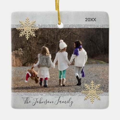 PHOTO Gold Silver Snow Keepsake Christmas Holiday Ceramic Ornament