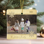 PHOTO Gold Snow Keepsake Christmas Holiday Tree Ceramic Ornament<br><div class="desc">Keep your memories alive with these beautiful Christmas Holiday keepsake tree ornament. Personalize it with your photo. Faux gold foil and glitter with snowflakes. Custom with your family name and year. Back of ornament has option to add message , name, or other info. Perfect gift for parents, mom, dad, grandma,...</div>
