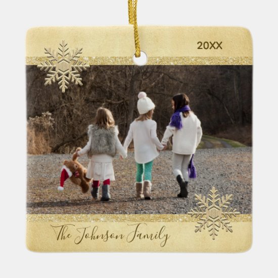 PHOTO Gold Snow Keepsake Christmas Holiday Tree Ceramic Ornament