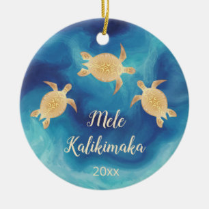 PHOTO Gold Turtles Blue Hawaiian Christmas Ceramic Ornament