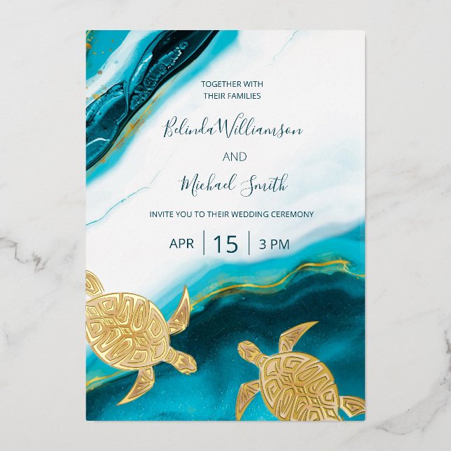 PHOTO Gold Turtles Teal Ink Wedding   Foil Invitation (Front)