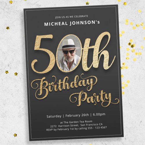 Photo Gold Typography 50th Birthday Party Invitation