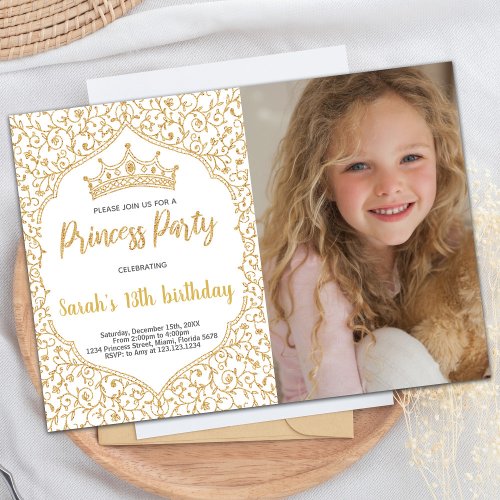 Photo Golden Glitter White Princess Birthday Invitation