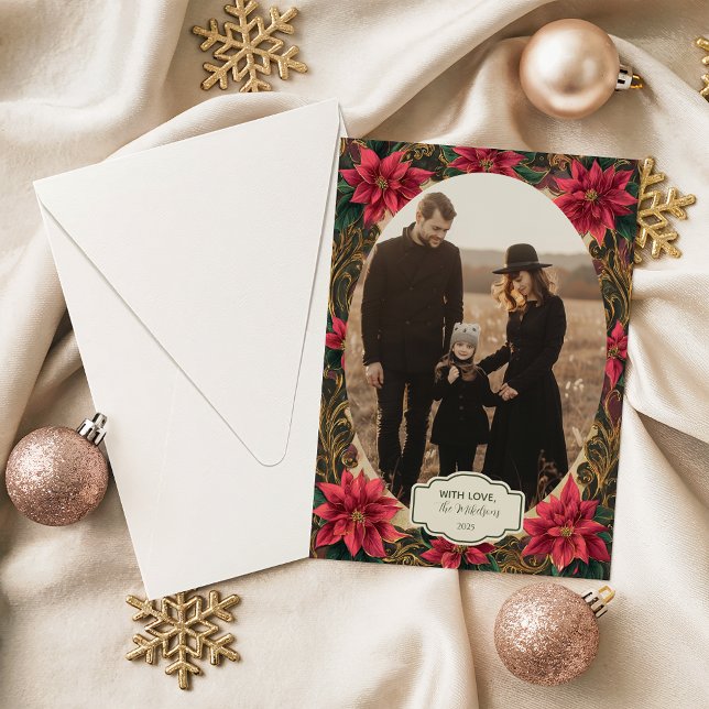 Photo Golden Poinsettia Elegance Christmas Holiday Card (Creator Uploaded)