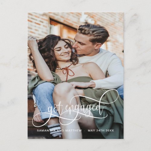 Photo Got Engaged White Calligraphy Engagement Announcement Postcard