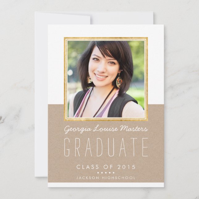 PHOTO GRAD ANNOUNCEMENT cool luxe gold frame kraft (Front)