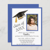 Photo Grad Cap Graduation Party Invitation in Blue (Front/Back)