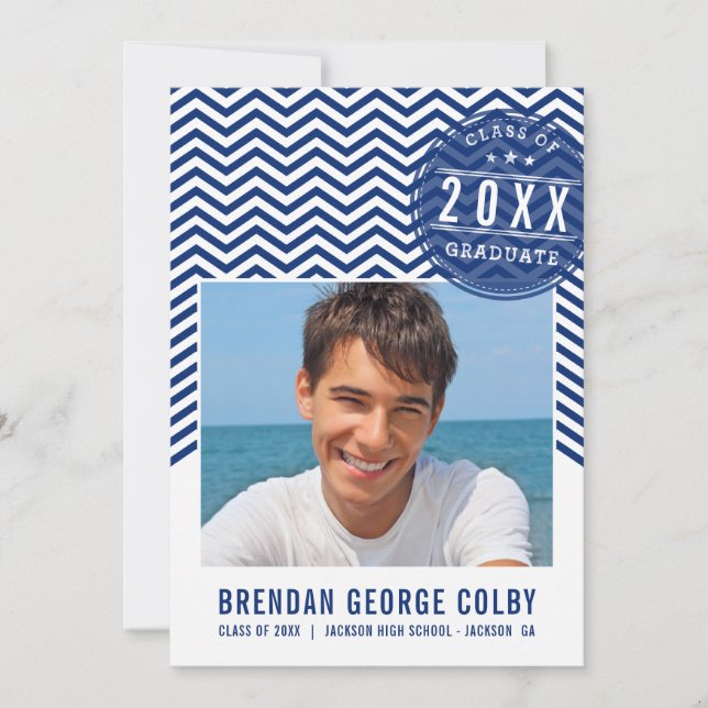PHOTO GRAD INVITE bold chevron royal navy blue (Front)