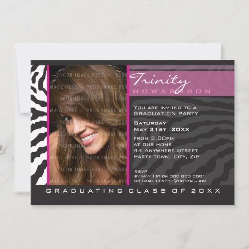 PHOTO GRAD PARTY INVITE zebra stripe black pink