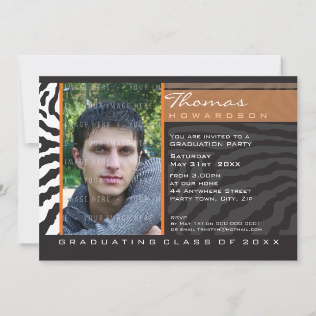 PHOTO GRAD PARTY INVITE zebra stripe orange (Front)