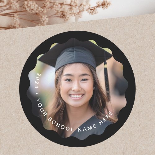 Photo grad school graduation black wavy border classic round sticker