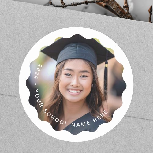 Photo grad year name school graduation wavy border classic round sticker