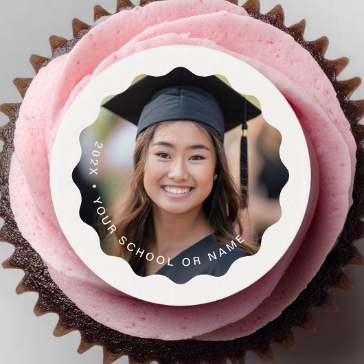 Photo grad year name school graduation wavy border edible frosting rounds