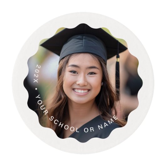 Photo grad year name school graduation wavy border edible frosting rounds (Front)
