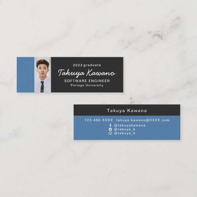 Photo Graduate Blue Black Mini Business Card (Front/Back)