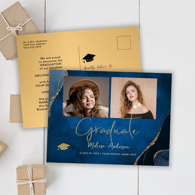 Photo Graduate Elegant Navy Blue Announcement Postcard (Creator Uploaded)