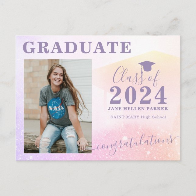 Photo graduate girly graduation party invitation postcard (Front)