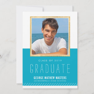 PHOTO GRADUATE minimal cute gold frame bright blue Invitation
