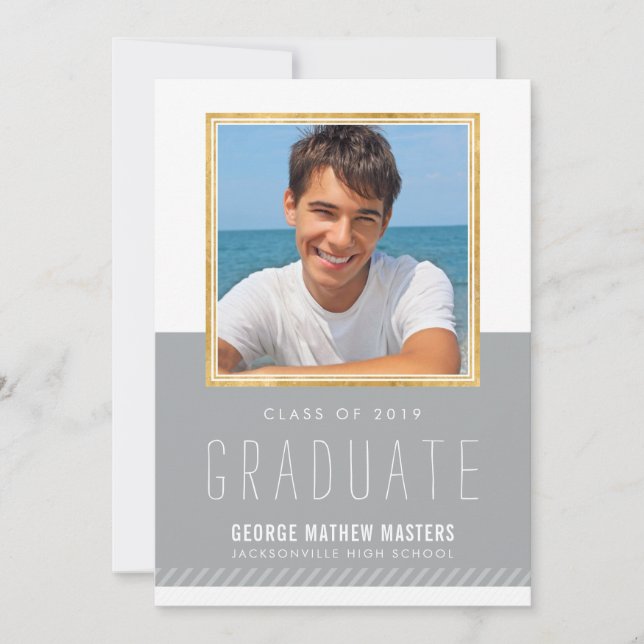 PHOTO GRADUATE minimal cute gold frame cool gray Invitation (Front)
