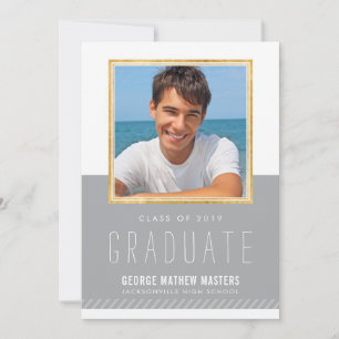 PHOTO GRADUATE minimal cute gold frame cool gray Invitation