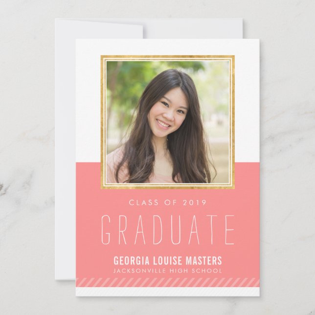 PHOTO GRADUATE minimal cute gold frame coral pink Invitation (Front)