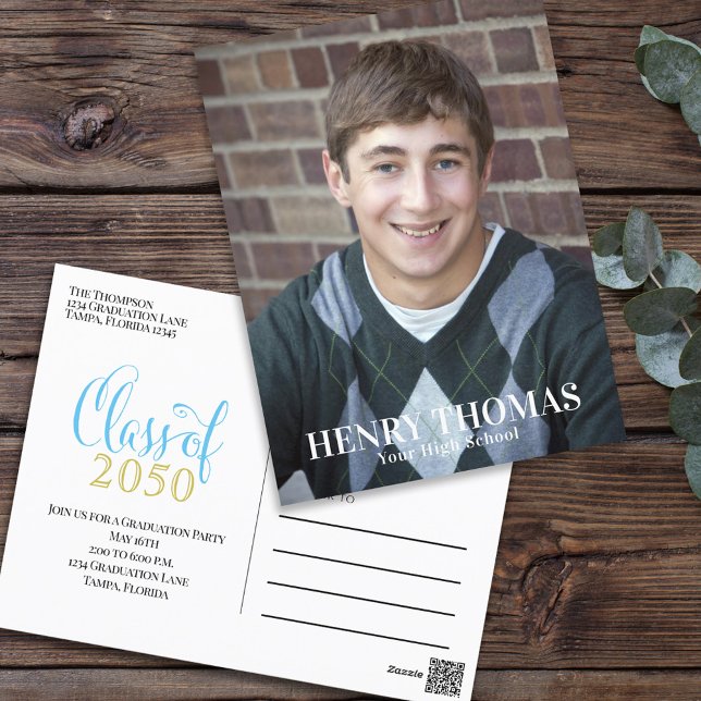 Photo Graduate Modern Simple Minimalist Gold Blue Postcard (Creator Uploaded)