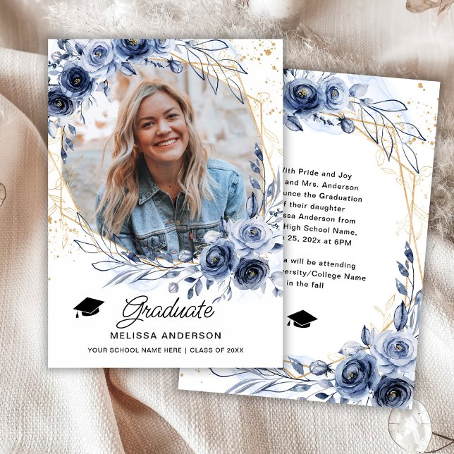 Photo Graduate Navy Blue Flowers Announcement (Creator Uploaded)