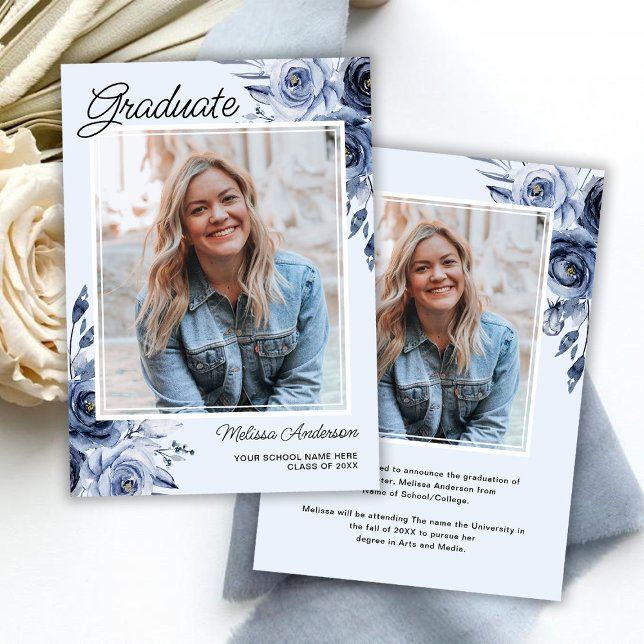Photo Graduate Navy Blue Flowers Announcement (Creator Uploaded)