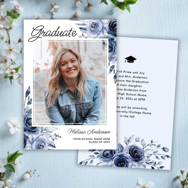 Photo Graduate Navy Blue Flowers Announcement (Creator Uploaded)
