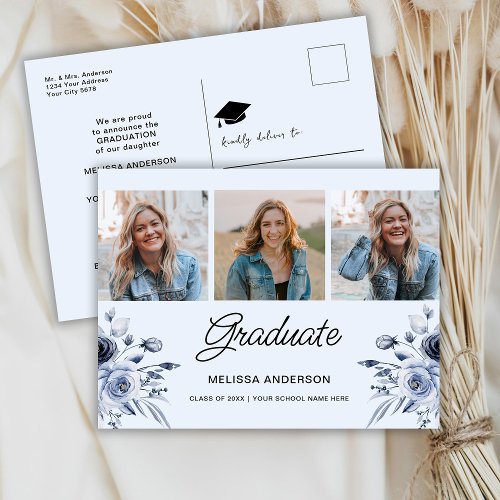 Photo Graduate Navy Blue Flowers Announcement Postcard