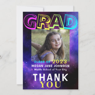 Photo graduate neon glow 8th grade grad typography thank you card