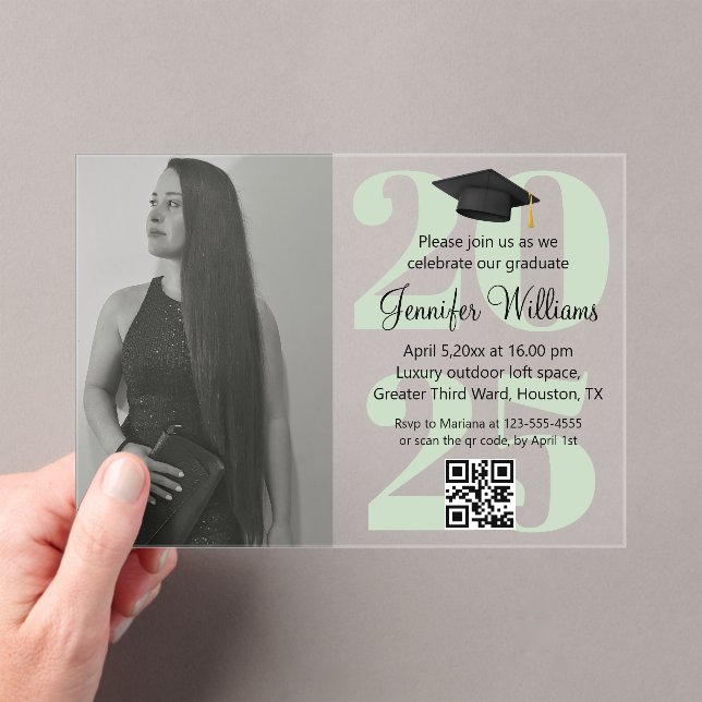 photo graduation 2025 party qr code green script acrylic invitations (Insitu (Handheld))