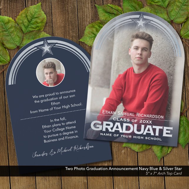 Photo Graduation Announcement Blue & Silver Star (Two Photo Graduation Announcement in Dark Navy Blue with Faux Metallic Silver Embossed Details.)