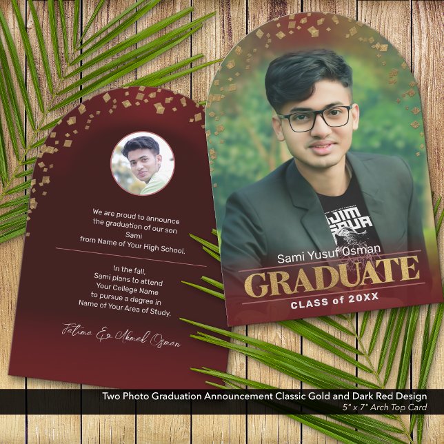 Photo Graduation Announcement Classic Gold Red (Two Photo Graduation Announcement: Classic Design in Gold and Dark Red)