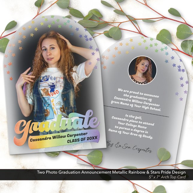Photo Graduation Announcement Retro Pride Rainbow (Two Photo Graduation Announcement with a Retro Pride Design & Embossed Metallic Look Rainbow Details)