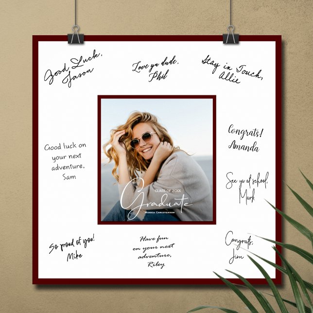 Photo Graduation Autograph Dark Maroon Poster (Graduation autograph poster with your photo and dark maroon border, INSTANT DOWNLOAD and/or PRINTED)