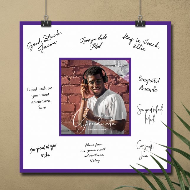Photo Graduation Autograph Keepsake Purple Border Poster (Graduation autograph photo poster with purple border, INSTANT DOWNLOAD and/or PRINTED)