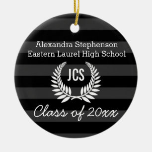 Photo Graduation Black Gray Monogram Laurel Ceramic Ornament