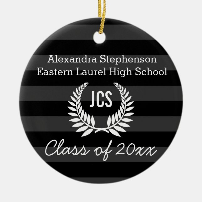 Photo Graduation Black Gray Monogram Laurel Ceramic Ornament (Front)