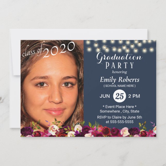 Photo Graduation Burgundy Red Floral Navy Blue Invitation (Front)