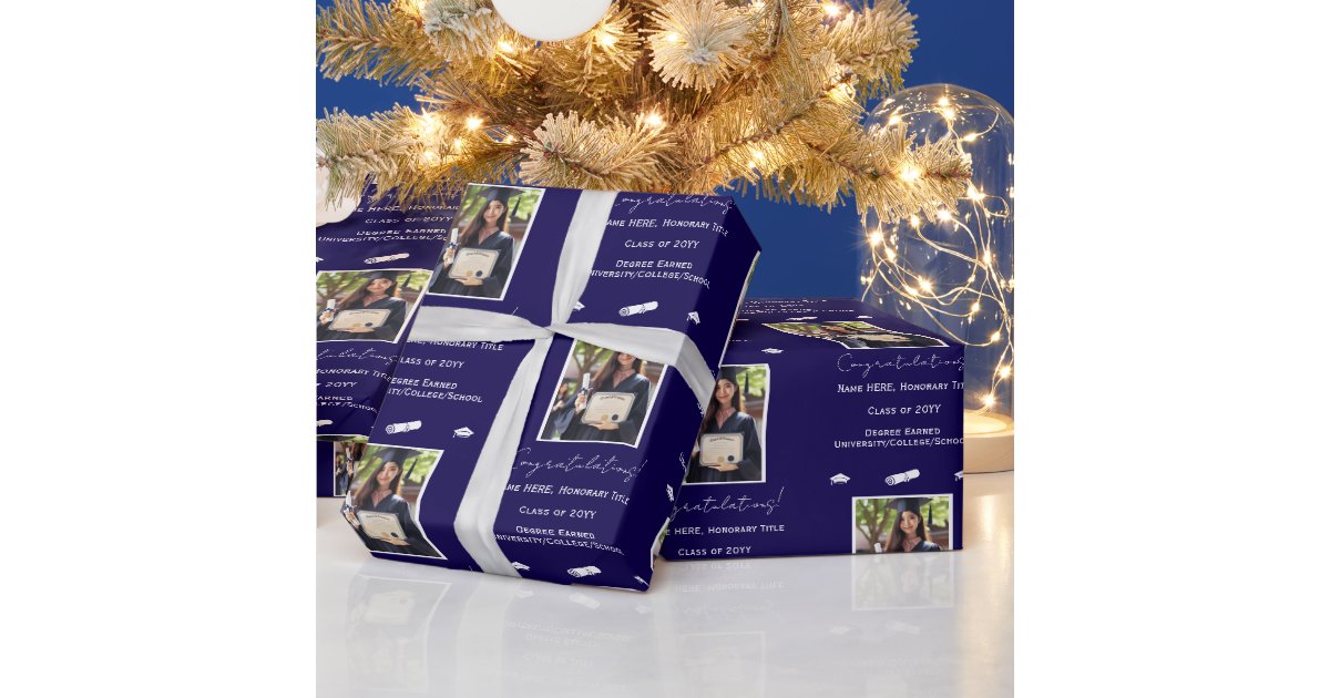 Photo Graduation Cap Diploma Congratulations, Blue Wrapping Paper | Zazzle